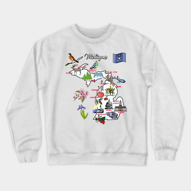 Hand Drawn Illustration of Michigan Map with Tourist Destinations, USA Crewneck Sweatshirt by Mashmosh